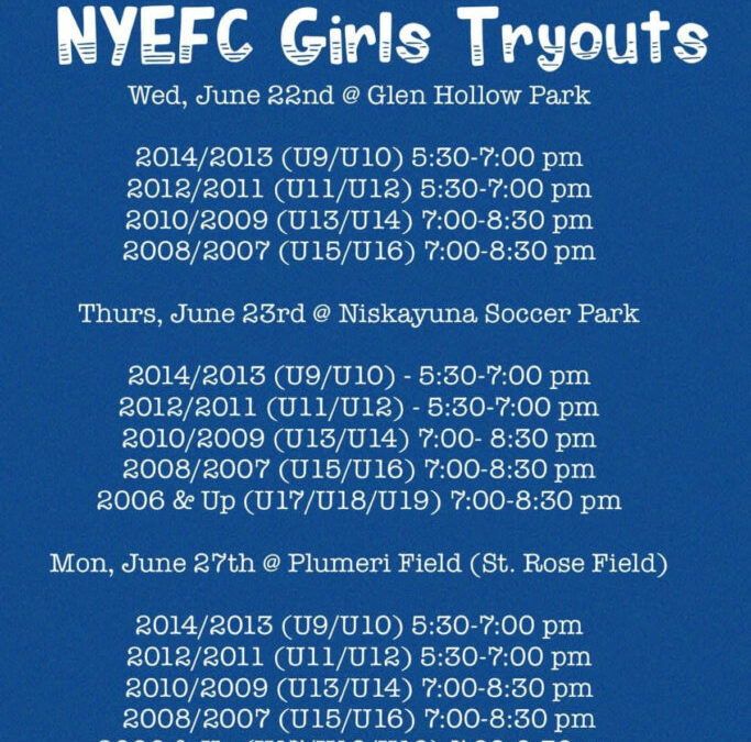 NYEFC Girls Tryouts Registration Now Open!!